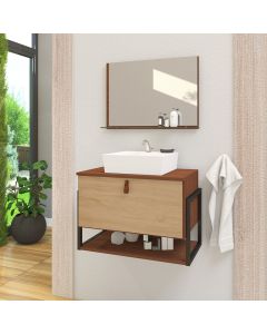 Gabinete de Banheiro Vegas 1 Prateleira 1 Porta 60cm Natura e Freijó Amadeirado