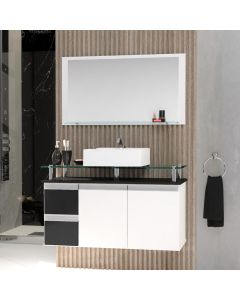 Conjunto Gabinete Banheiro 2 Gavetas 2 Portas 80cm com Espelheira Diamante - Preto