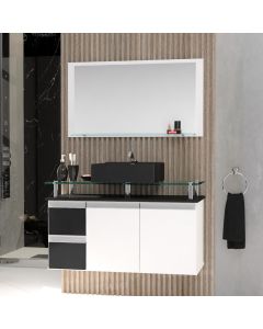 Conjunto Gabinete Banheiro 2 Gavetas 2 Portas 80cm com Espelheira Diamante - Preto - com Cuba Preta